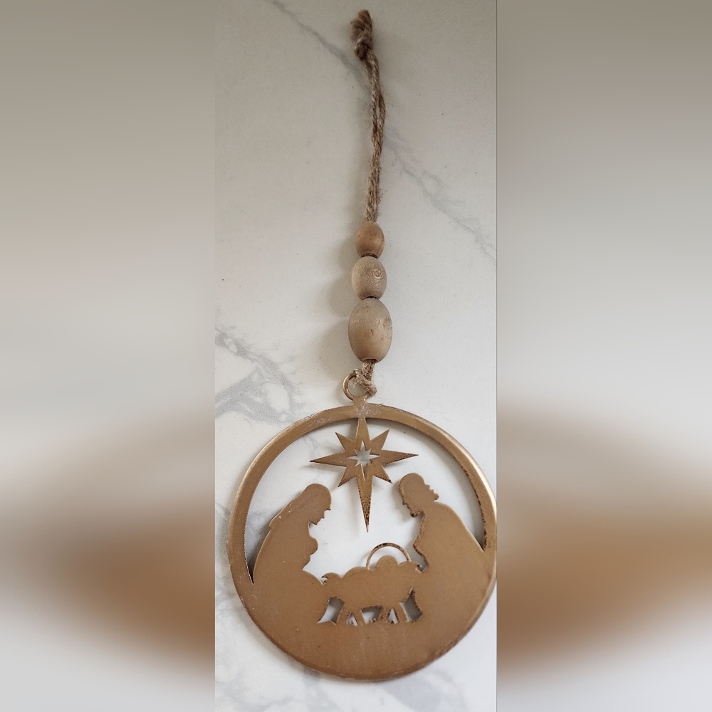Gold‎ Tone Rustic Metallic Nativity Ornament With Jute And Wood Beads New